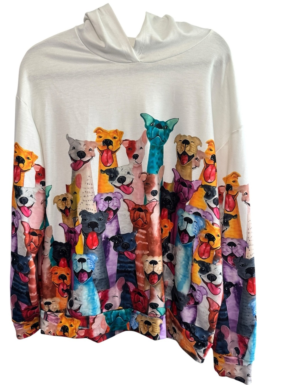 Women’s Dog Print Hoodie Colorful Whimsical Graphic Drop Shoulder Sweatshirt L